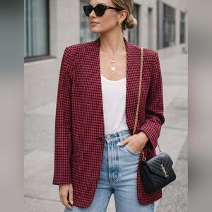 Vintage Pendleton 100% Virgin Wool Houndstooth Pink Black Blazer Size 12 90s